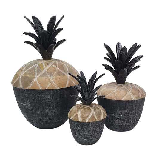 14, 12, 11 Inch Lidded Jar, Pineapple Design, Gray Mango Wood, Set of 3 By Casagear Home