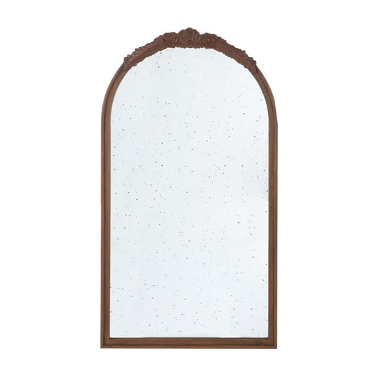 Eel 42 Inch Wall Mirror, Brown Arched Wood Frame, Hand Carved Rose Accent By Casagear Home