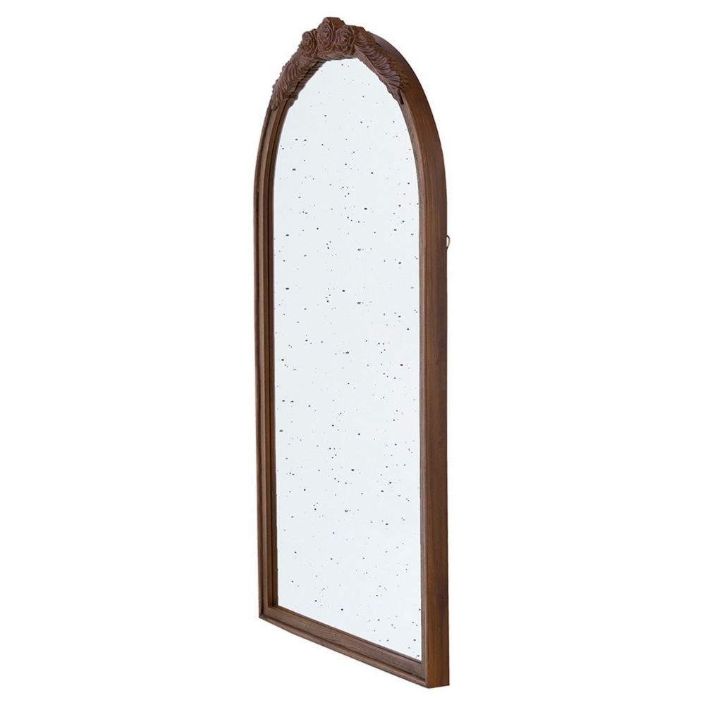 Eel 42 Inch Wall Mirror Brown Arched Wood Frame Hand Carved Rose Accent By Casagear Home BM285889