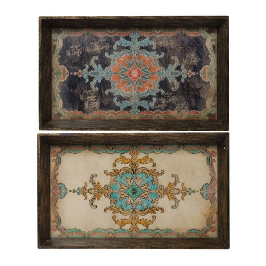 25 Inch Wood Tray, Vintage Style, Distressed Brown Wood Frame, Set of 2 By Casagear Home