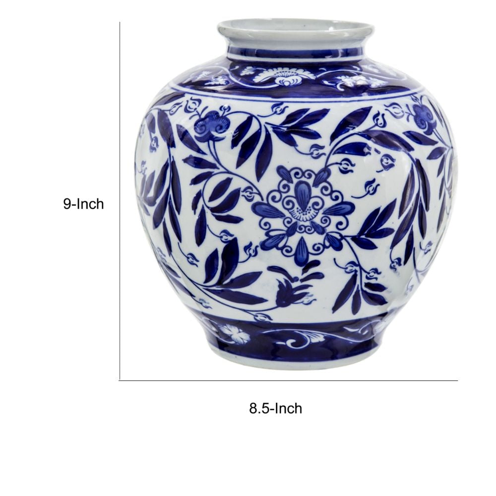 9 Inch Porcelain Vase Blue Persian Print Curved Shape Flared Opening By Casagear Home BM285904