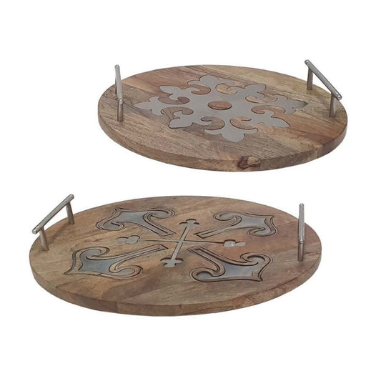 16, 14 Inch Decorative Trays Set of 2, Artistic Design Brown Mango Wood By Casagear Home