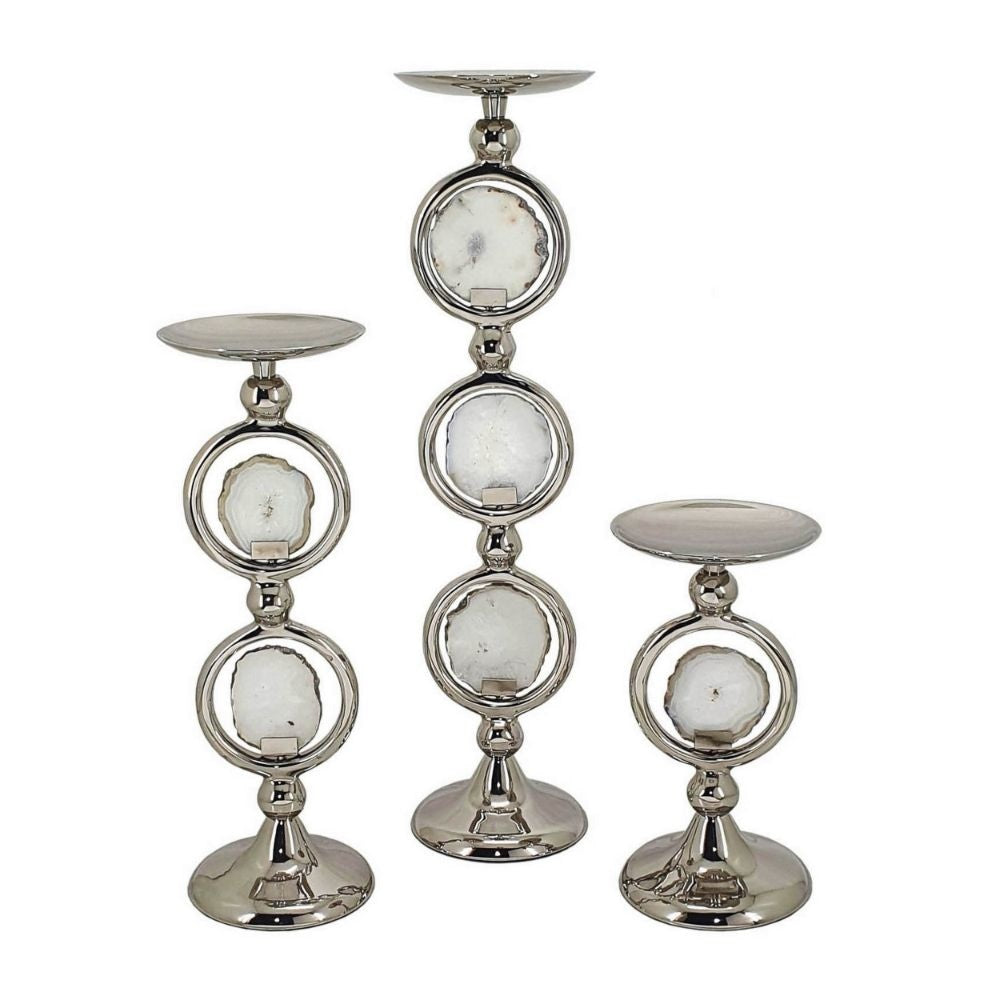Candle Set | 22", 16", 10" | Agate Pillars | Silver Metal Frames