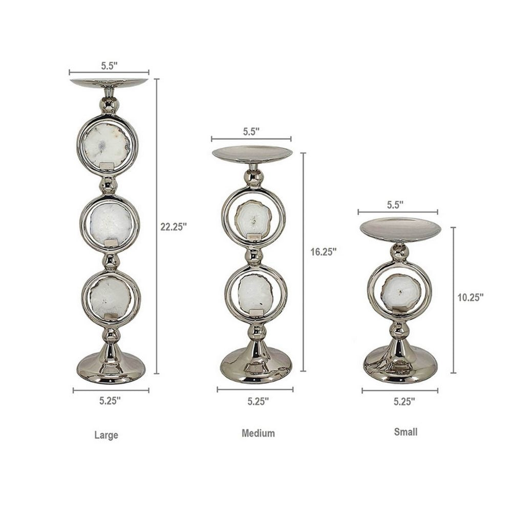 22 16 10 Inch Pillar Candle Set of 3 Agate Stone Silver Metal Frame By Casagear Home BM285916