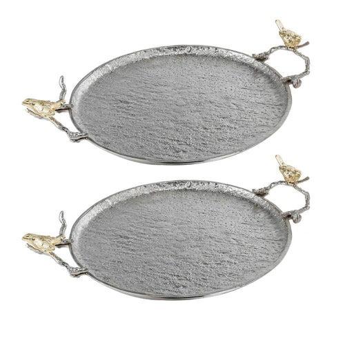 Decorative Tray Set | 21" | Perched Birds | Silver Metal | Set of 2