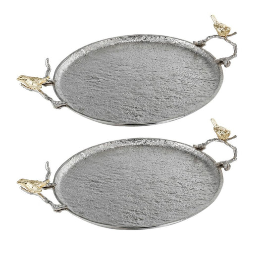 Decorative Tray Set | 21" | Perched Birds | Silver Metal | Set of 2