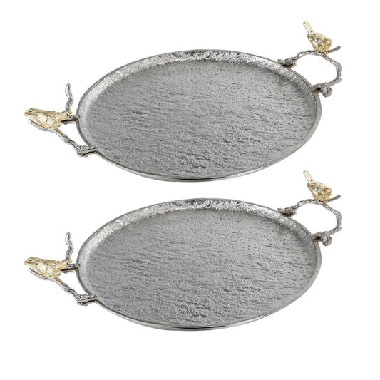 21 Inch Decorative Tray Set of 2, Perched Birds Silver Metal, Large By Casagear Home