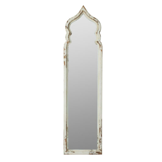73 Inch Floor Mirror with Ornate Sculpted Top, Fir Wood, Weathered White By Casagear Home