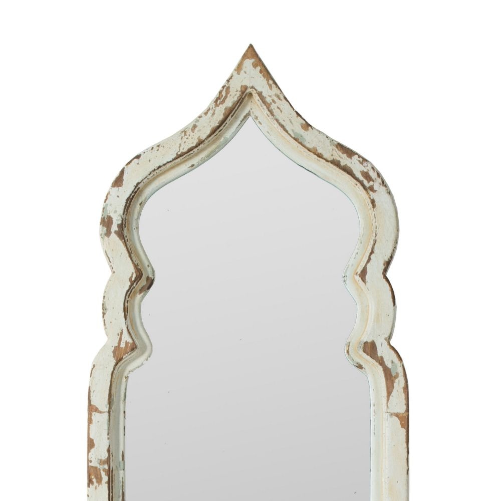 73 Inch Floor Mirror with Ornate Sculpted Top Fir Wood Weathered White By Casagear Home BM285925