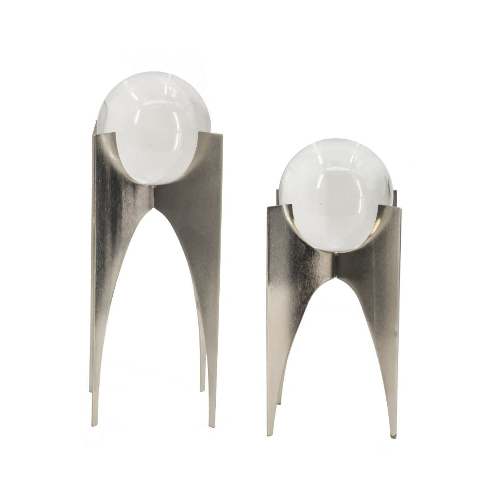 Crystal Orb Set | 13", 10" | Art Deco | Metal Stand