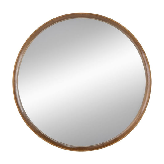 Roe 32 Inch Wall Mounted Round Mirror, Modern Brown Pine Wood Frame By Casagear Home