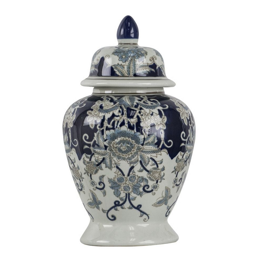 17 Inch Porcelain Ginger Jar with Lid Vintage Blue and White Flower Design By Casagear Home BM285943