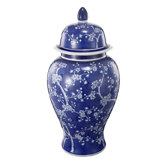 18 Inch Porcelain Ginger Jar, Finial Lid and Round Curved, Blue Flowers By Casagear Home