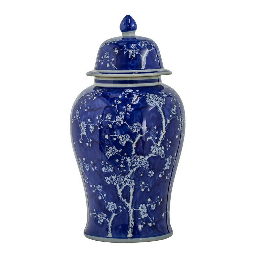 18 Inch Porcelain Ginger Jar Finial Lid and Round Curved Blue Flowers By Casagear Home BM285950