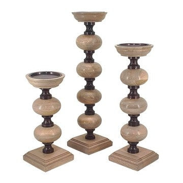 23, 18, 14 Inch Set of 3 Candleholders in Pillar Accent Wood Orbs, Brown By Casagear Home