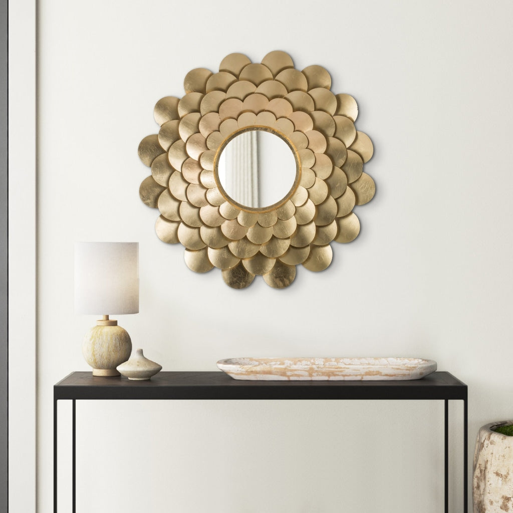 32 Inch Round Wall Mount Mirror, Blooming Flower Decor, Gold Finished Iron By Casagear Home