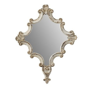 30 Inch Accent Wall Mirror, Carved Ornate Scrollwork Antique White Fir Wood By Casagear Home