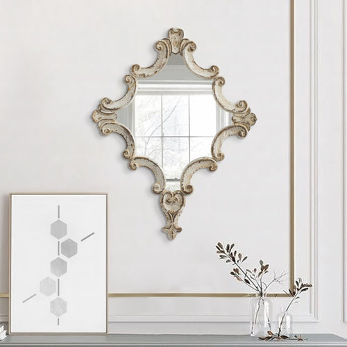 Wall Mirror | 30" | Accent | Carved Scrollwork | Antique White