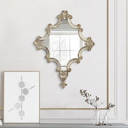 30 Inch Accent Wall Mirror, Carved Ornate Scrollwork Antique White Fir Wood By Casagear Home