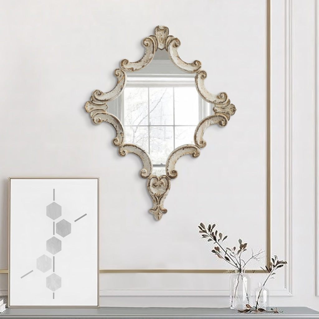 Wall Mirror | 30" | Accent | Carved Scrollwork | Antique White