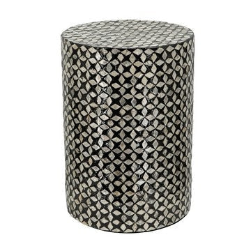 20 Inch Capiz Accent Stool Table, Cylindrical Geometric, Silver, Black By Casagear Home