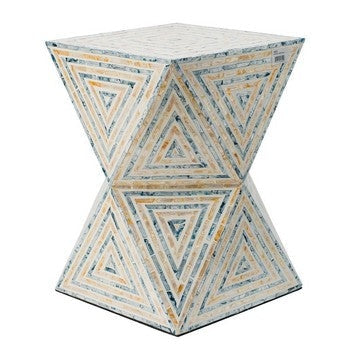 20 Inch Capiz Accent Stool Table, Hourglass Triangular, Off White Ivory By Casagear Home