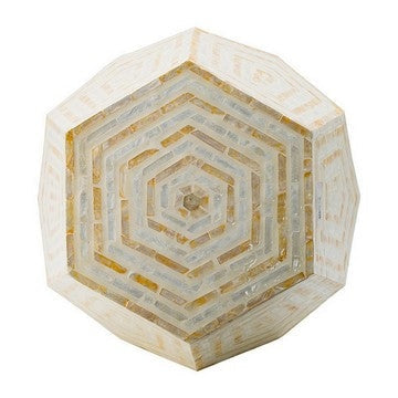 21 Inch Capiz Accent Stool Table Hexagonal Drum Angled Look Beige White By Casagear Home BM286117