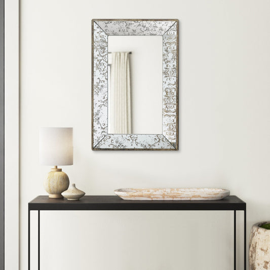 Rosa 16 x 24 Wall Mount Mirror, Brown Wood Frame with Abstract Gold Overlay By Casagear Home