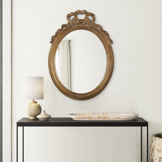 26 Inch Wall Accent Mirror with Ornate Polyresin Floral Crest, Antique Gold By Casagear Home