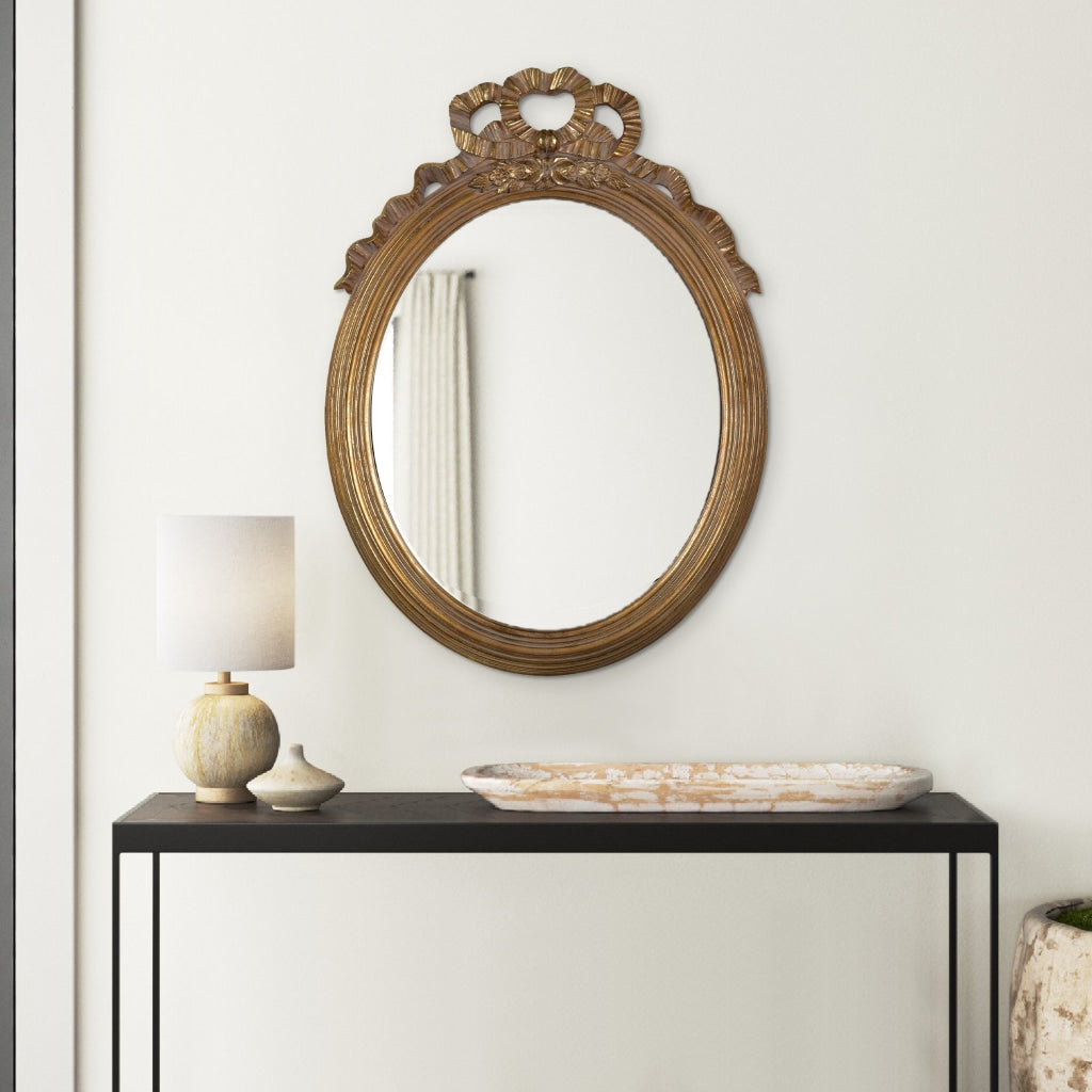 Wall Mirror | 26" | Accent | Ornate Floral Crest | Antique Gold