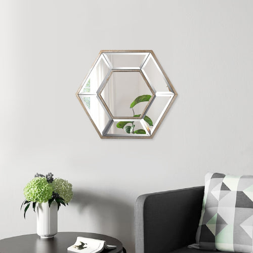 Toby Wall Mirror | 12 x 14 | Hexagon Frame | Wood | Brown