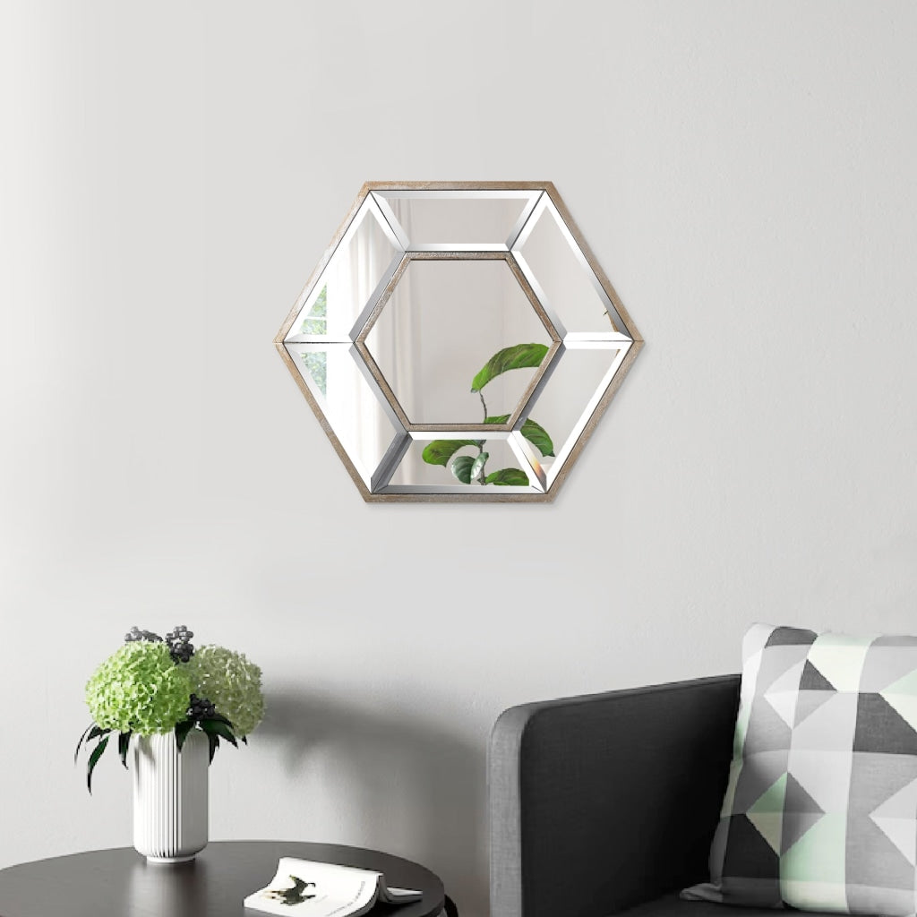 Toby Wall Mirror | 12 x 14 | Hexagon Frame | Wood | Brown