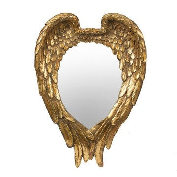 16 Inch Vintage Wall Mirror, Antique Gold Resin Frame, Heart Shaped Wings By Casagear Home