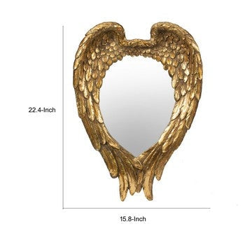 16 Inch Vintage Wall Mirror Antique Gold Resin Frame Heart Shaped Wings By Casagear Home BM286127