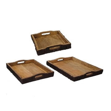 20, 18, 16 Inch Set of 3 Wood Serving Trays, Tree Bark Accent, Natural Brown By Casagear Home