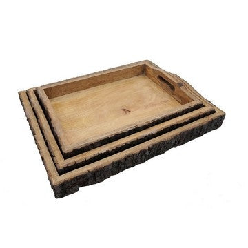 20 18 16 Inch Set of 3 Wood Serving Trays Tree Bark Accent Natural Brown By Casagear Home BM286134