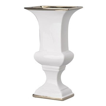 14 Inch Decorative Ceramic Vase, Artistic Turned Urn, White and Gold Rim By Casagear Home