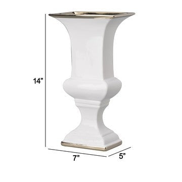 14 Inch Decorative Ceramic Vase Artistic Turned Urn White and Gold Rim By Casagear Home BM286151