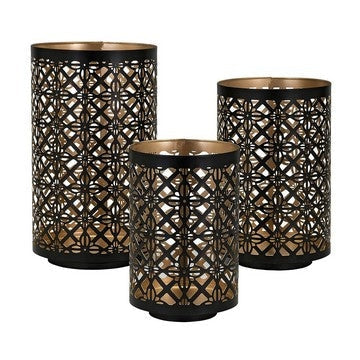 Lantern Candle Holders | Set of 3 | Moroccan Lattice | Gold Black Metal