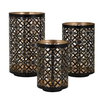 Set of 3 Lantern Candle Holders, Moroccan Lattice, Gold, Black Metal Frames By Casagear Home