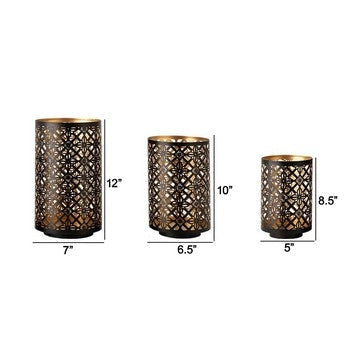 Set of 3 Lantern Candle Holders Moroccan Lattice Gold Black Metal Frames By Casagear Home BM286153