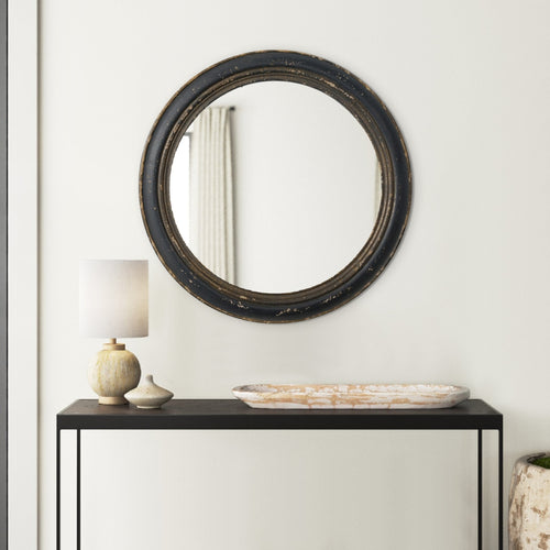 Wall Mirror | 24" Round | Molded Wood Frame | Distressed Brown