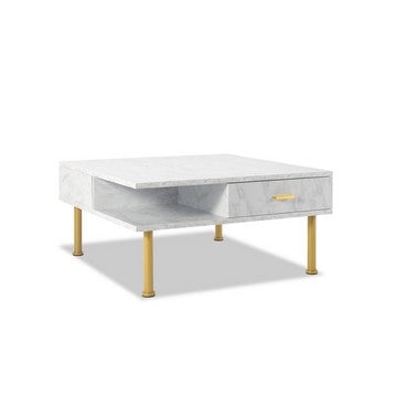 Victor 32 Inch Faux Marble Square Coffee Table, Drawers, Modern White, Gold By Casagear Home