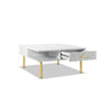 Victor 32 Inch Faux Marble Square Coffee Table Drawers Modern White Gold By Casagear Home BM286191