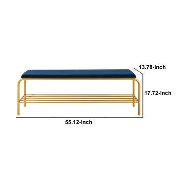 Kipp 55 Inch Shoe Rack Bench Gold Metal Frame Shelf Blue Velvet Seat By Casagear Home BM286209