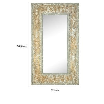 57 Inch Accent Wall Mirror Thick Fir Wood Frame Gold Leaves and Flowers By Casagear Home BM286309