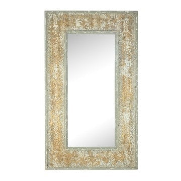 57 Inch Accent Wall Mirror, Thick Fir Wood Frame, Gold Leaves and Flowers By Casagear Home