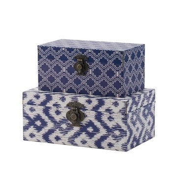 Wood Boxes | Set of 2 | 12", 10" | Blue White Quatrefoil Design