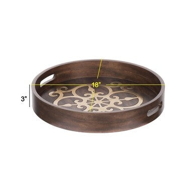 18 Inch Round Decorative Tray Brass Inlaid Design and Brown Wood Frame By Casagear Home BM286369