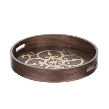 18 Inch Round Decorative Tray, Brass Inlaid Design and Brown Wood Frame By Casagear Home